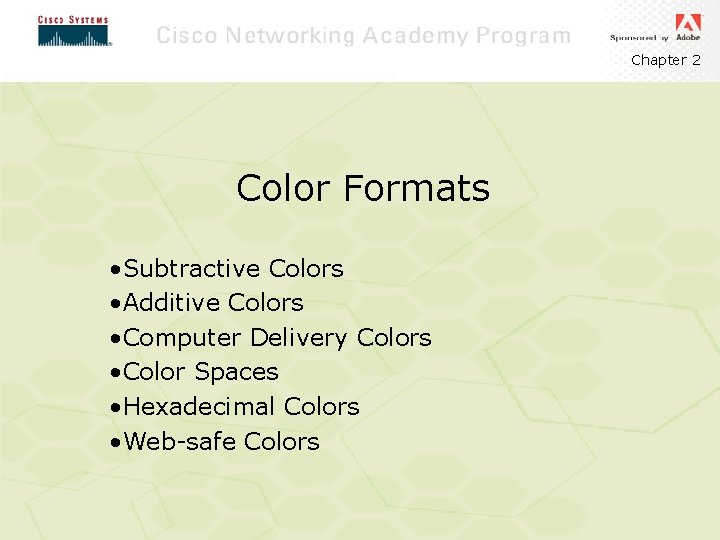 Chapter 2 Color Formats • Subtractive Colors • Additive Colors • Computer Delivery Colors