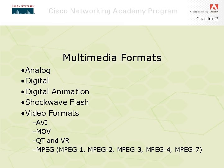 Chapter 2 Multimedia Formats • Analog • Digital Animation • Shockwave Flash • Video