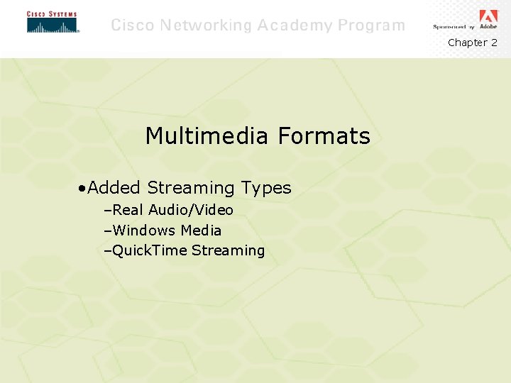 Chapter 2 Multimedia Formats • Added Streaming Types –Real Audio/Video –Windows Media –Quick. Time