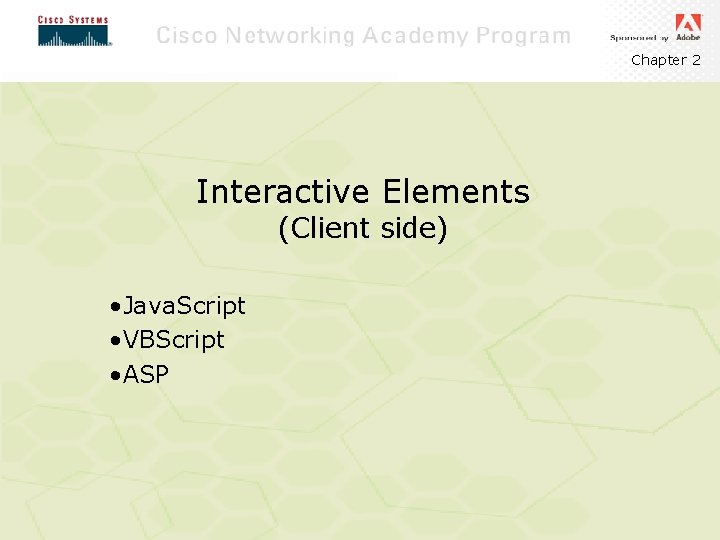 Chapter 2 Interactive Elements (Client side) • Java. Script • VBScript • ASP 