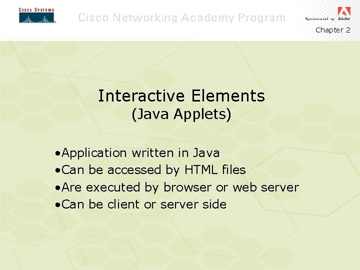Chapter 2 Interactive Elements (Java Applets) • Application written in Java • Can be