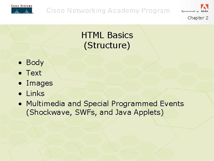 Chapter 2 HTML Basics (Structure) • • • Body Text Images Links Multimedia and