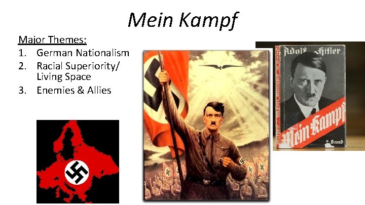 Mein Kampf Major Themes: 1. German Nationalism 2. Racial Superiority/ Living Space 3. Enemies