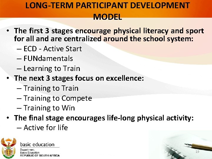LONG-TERM PARTICIPANT DEVELOPMENT MODEL • The first 3 stages encourage physical literacy and sport