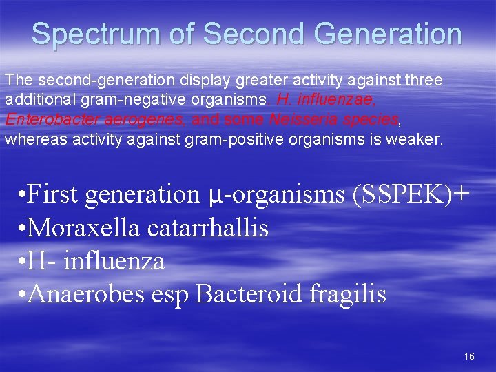 Spectrum of Second Generation The second-generation display greater activity against three additional gram-negative organisms.