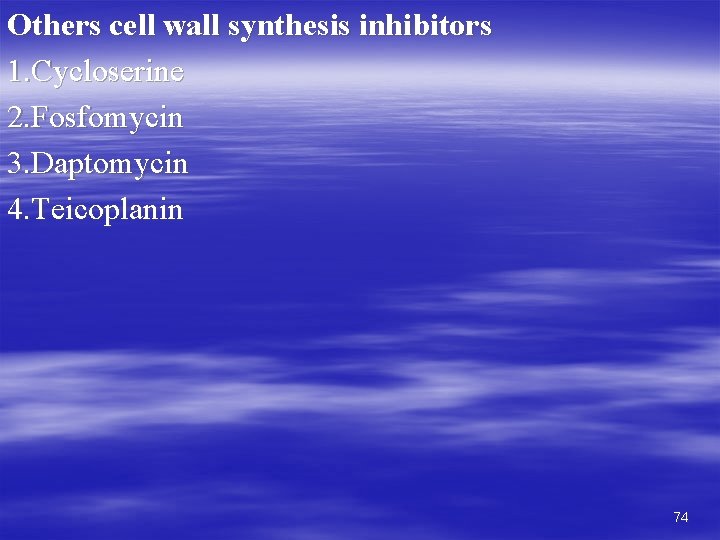 Others cell wall synthesis inhibitors 1. Cycloserine 2. Fosfomycin 3. Daptomycin 4. Teicoplanin 74