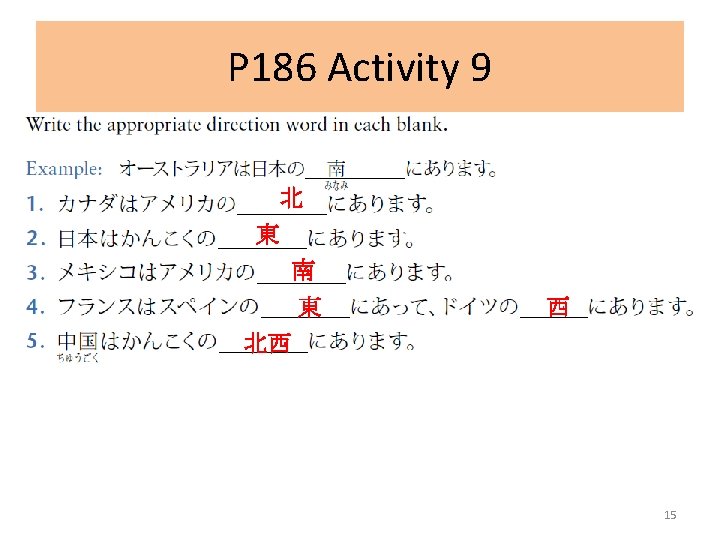 P 186 Activity 9 北 東 南 東 西 北西 15 