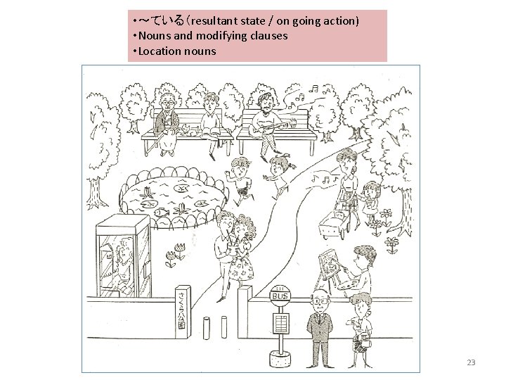  • ～ている（resultant state / on going action) • Nouns and modifying clauses •