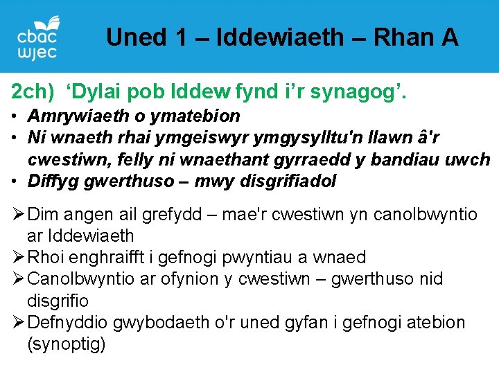 Uned 1 – Iddewiaeth – Rhan A 2 ch) ‘Dylai pob Iddew fynd i’r