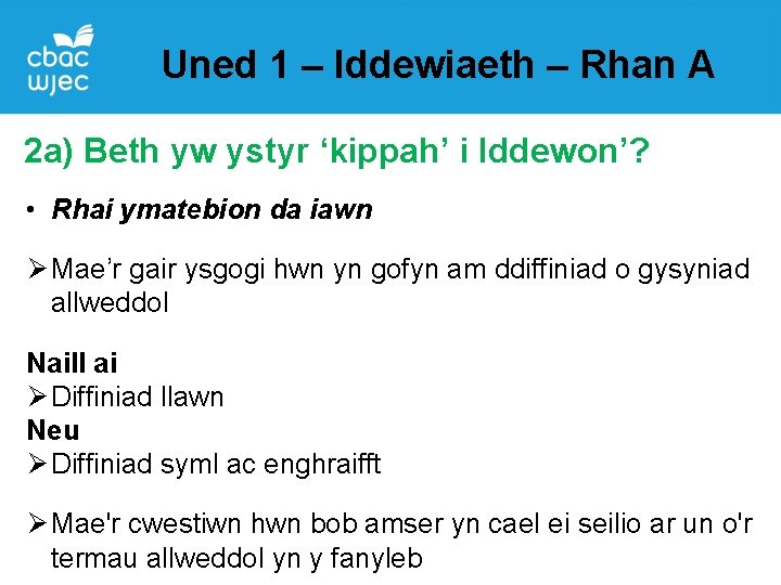 Uned 1 – Iddewiaeth – Rhan A 2 a) Beth yw ystyr ‘kippah’ i