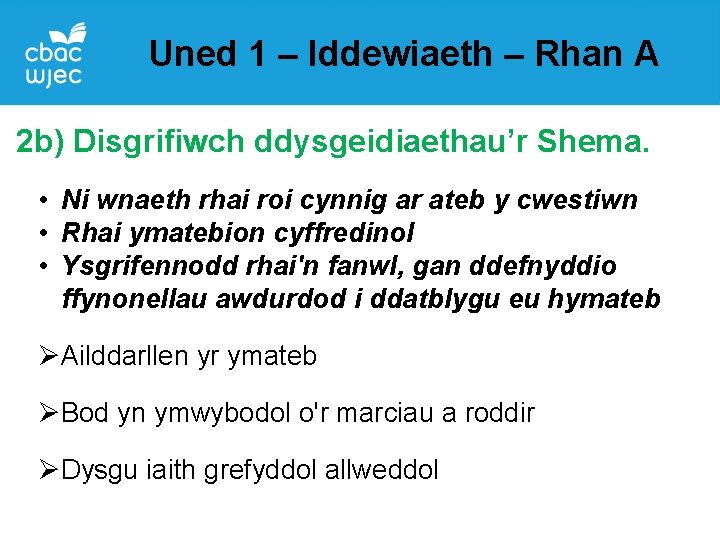 Uned 1 – Iddewiaeth – Rhan A 2 b) Disgrifiwch ddysgeidiaethau’r Shema. • Ni