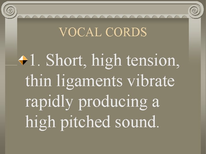 VOCAL CORDS 1. Short, high tension, thin ligaments vibrate rapidly producing a high pitched