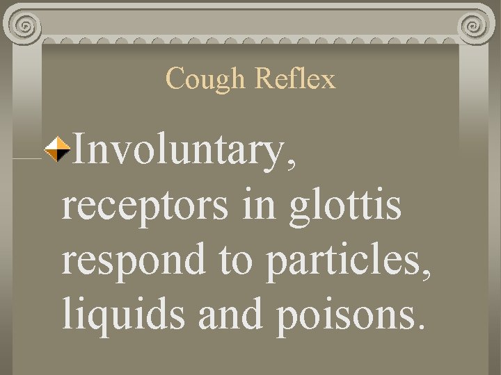 Cough Reflex Involuntary, receptors in glottis respond to particles, liquids and poisons. 