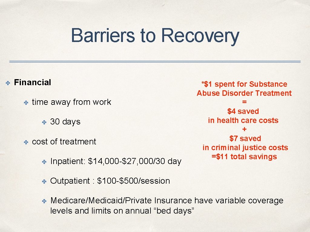 Barriers to Recovery ✤ Financial ✤ time away from work ✤ ✤ 30 days