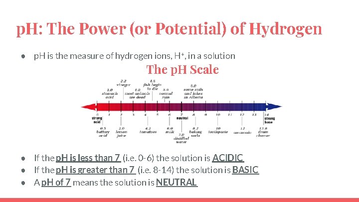 p. H: The Power (or Potential) of Hydrogen ● p. H is the measure