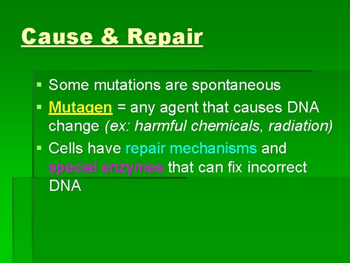 Cause & Repair § Some mutations are spontaneous § Mutagen = any agent that