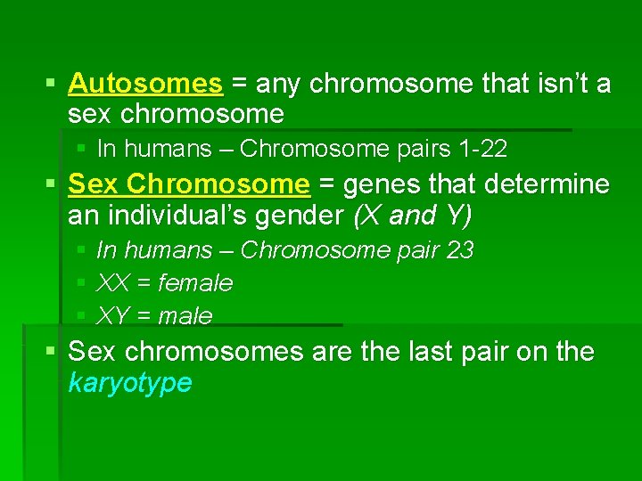 § Autosomes = any chromosome that isn’t a sex chromosome § In humans –