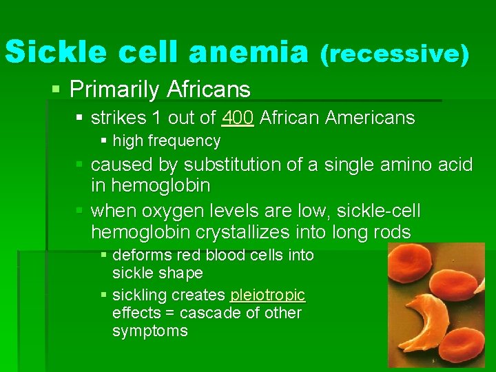 Sickle cell anemia (recessive) § Primarily Africans § strikes 1 out of 400 African