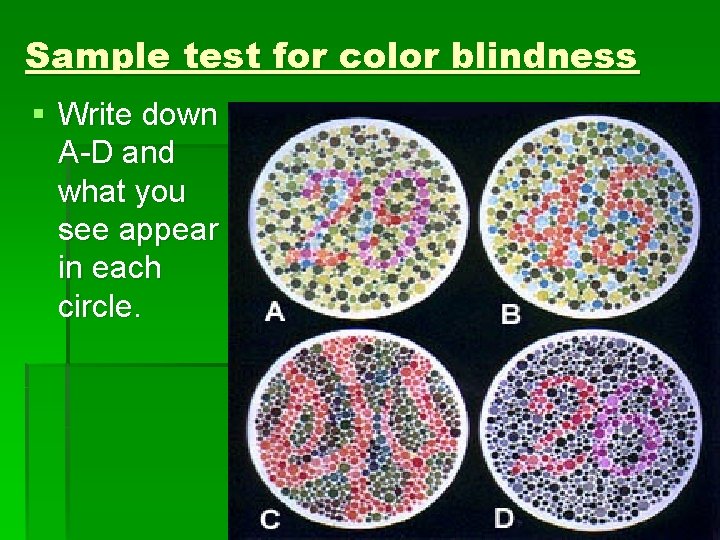 Sample test for color blindness § Write down A-D and what you see appear