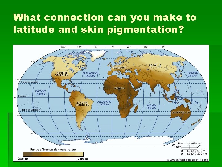What connection can you make to latitude and skin pigmentation? 