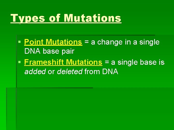 Types of Mutations § Point Mutations = a change in a single DNA base