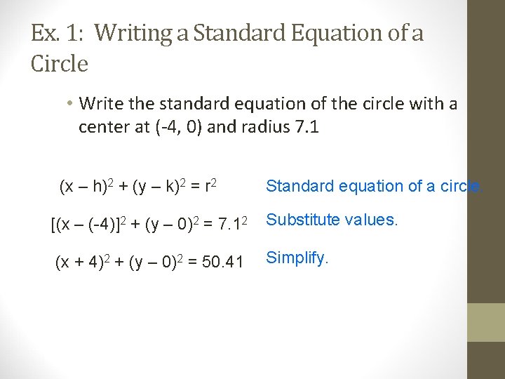Ex. 1: Writing a Standard Equation of a Circle • Write the standard equation