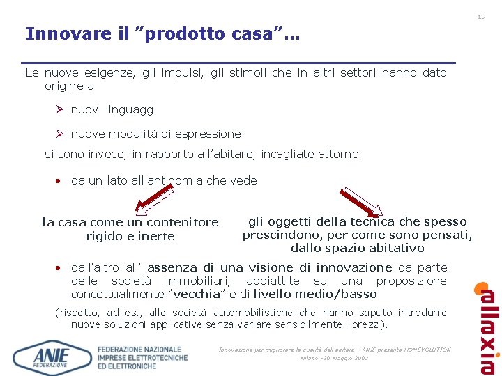 16 Innovare il ”prodotto casa”… Le nuove esigenze, gli impulsi, gli stimoli che in