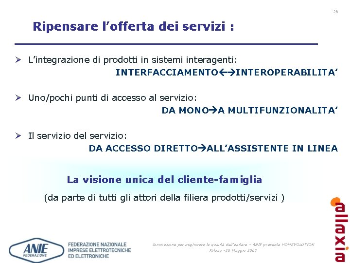 28 Ripensare l’offerta dei servizi : Ø L’integrazione di prodotti in sistemi interagenti: INTERFACCIAMENTO