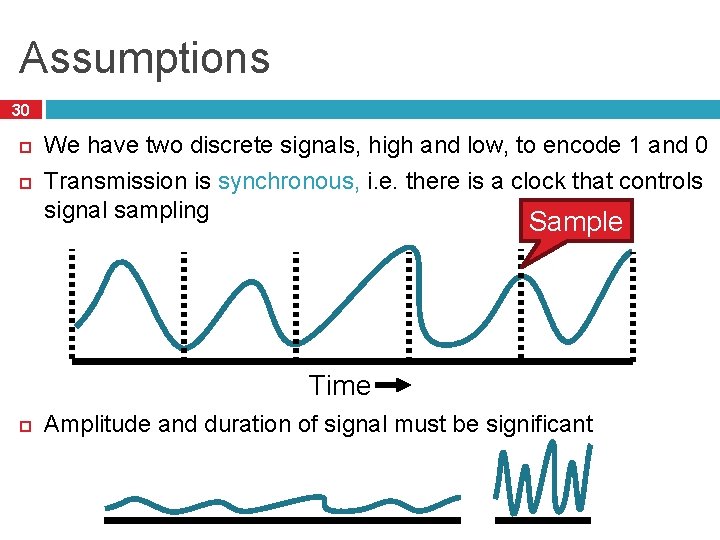 Assumptions 30 We have two discrete signals, high and low, to encode 1 and