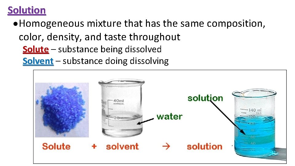 Solution Homogeneous mixture that has the same composition, color, density, and taste throughout Solute Solution Homogeneous mixture that has the same composition, color, density, and taste throughout Solute