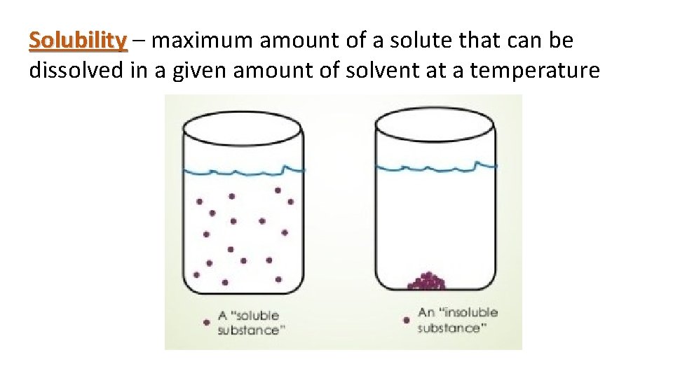 Solubility – maximum amount of a solute that can be dissolved in a given