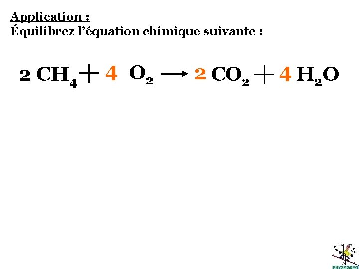Application : Équilibrez l’équation chimique suivante : 2 CH 4 4 O 2 2