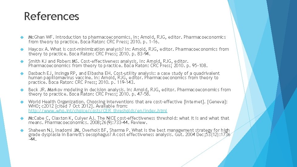 References Mc. Ghan WF. Introduction to pharmacoeconomics. In: Arnold, RJG, editor. Pharmacoeconomics from theory