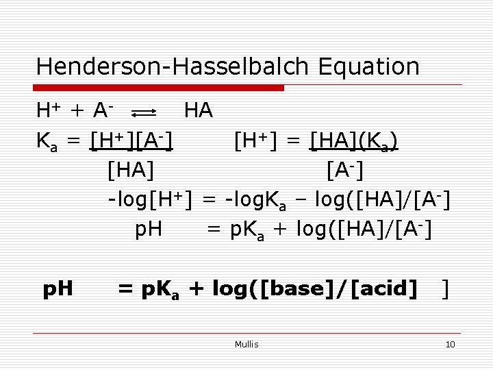 Henderson-Hasselbalch Equation H+ + A HA Ka = [H+][A-] [H+] = [HA](Ka) [HA] [A-]