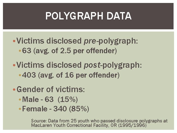 POLYGRAPH DATA • Victims disclosed pre-polygraph: • 63 (avg. of 2. 5 per offender)