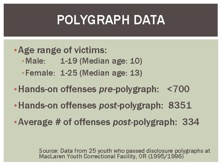 POLYGRAPH DATA • Age range of victims: • Male: 1 -19 (Median age: 10)