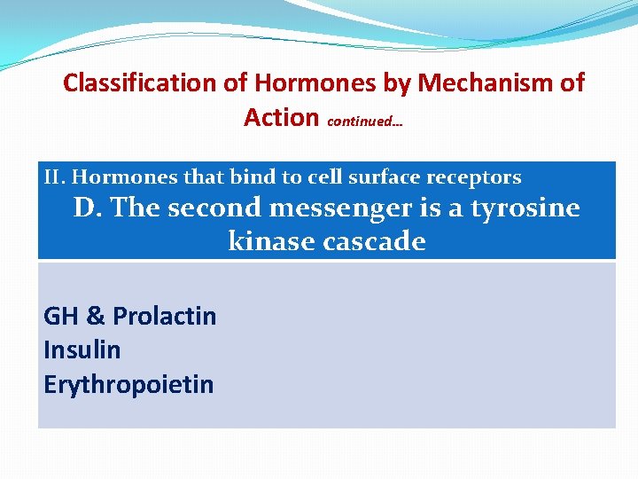 Classification of Hormones by Mechanism of Action continued… II. Hormones that bind to cell