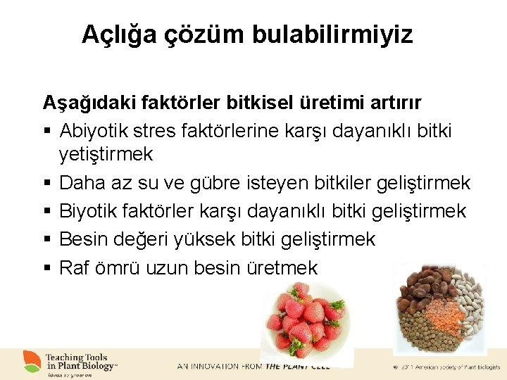 Açlığa çözüm bulabilirmiyiz Aşağıdaki faktörler bitkisel üretimi artırır § Abiyotik stres faktörlerine karşı dayanıklı