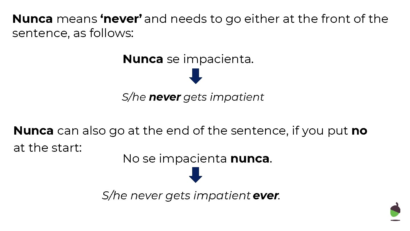 Nunca means ‘never’ and needs to go either at the front of the sentence,