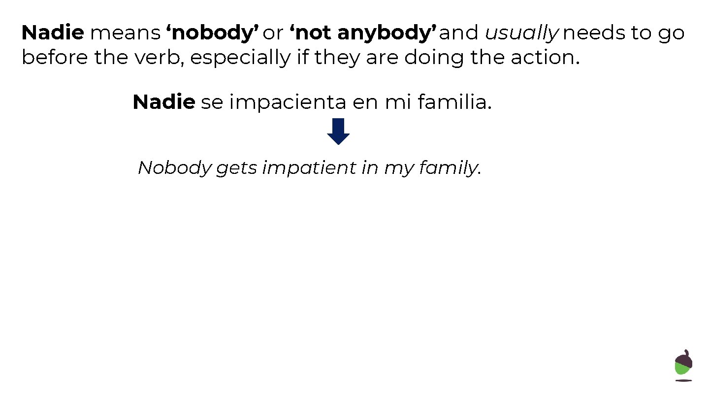 Nadie means ‘nobody’ or ‘not anybody’ and usually needs to go before the verb,