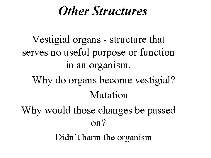 Other Structures Vestigial organs - structure that serves no useful purpose or function in