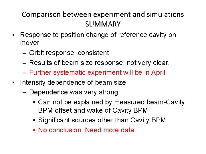 Comparison between experiment and simulations SUMMARY • Response to position change of reference cavity