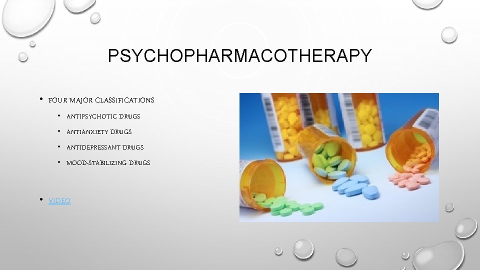 PSYCHOPHARMACOTHERAPY • FOUR MAJOR CLASSIFICATIONS • ANTIPSYCHOTIC DRUGS • ANTIANXIETY DRUGS • ANTIDEPRESSANT DRUGS