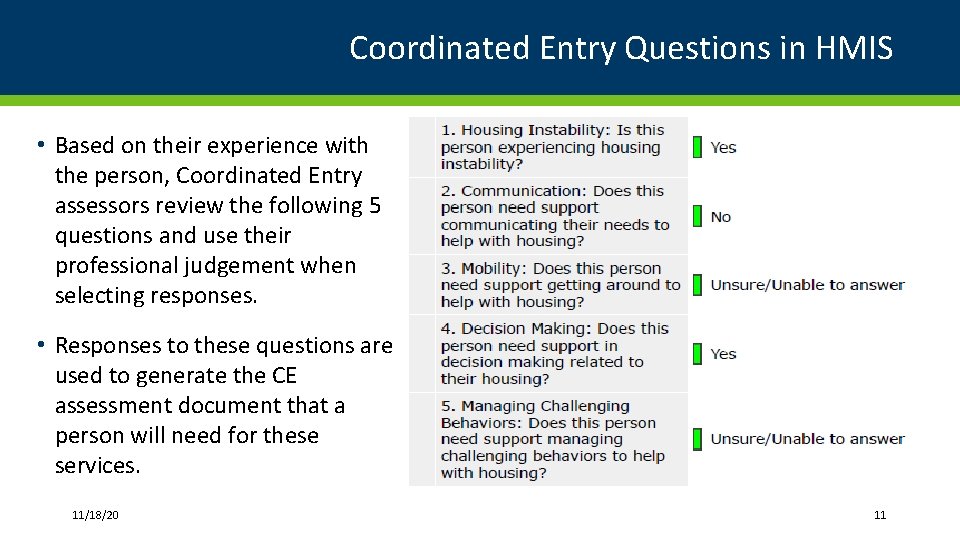 Coordinated Entry Questions in HMIS • Based on their experience with the person, Coordinated