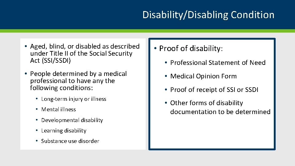 Disability/Disabling Condition • Aged, blind, or disabled as described under Title II of the