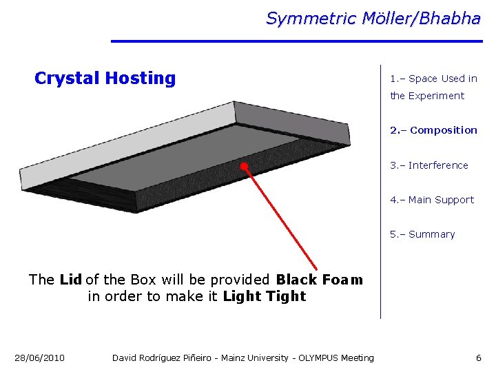 Symmetric Möller/Bhabha Crystal Hosting 1. – Space Used in the Experiment 2. – Composition