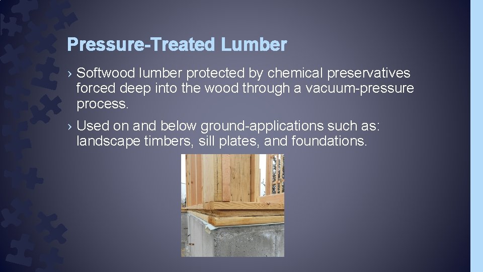 Pressure-Treated Lumber › Softwood lumber protected by chemical preservatives forced deep into the wood