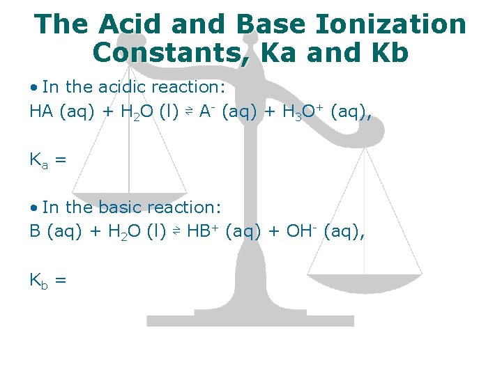 The Acid and Base Ionization Constants, Ka and Kb • In the acidic reaction: