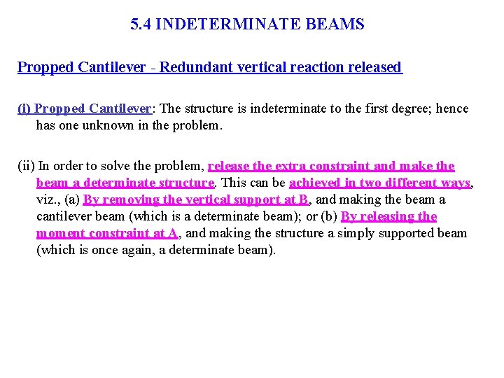 5. 4 INDETERMINATE BEAMS Propped Cantilever - Redundant vertical reaction released (i) Propped Cantilever:
