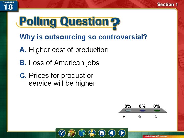 Why is outsourcing so controversial? A. Higher cost of production B. Loss of American Why is outsourcing so controversial? A. Higher cost of production B. Loss of American